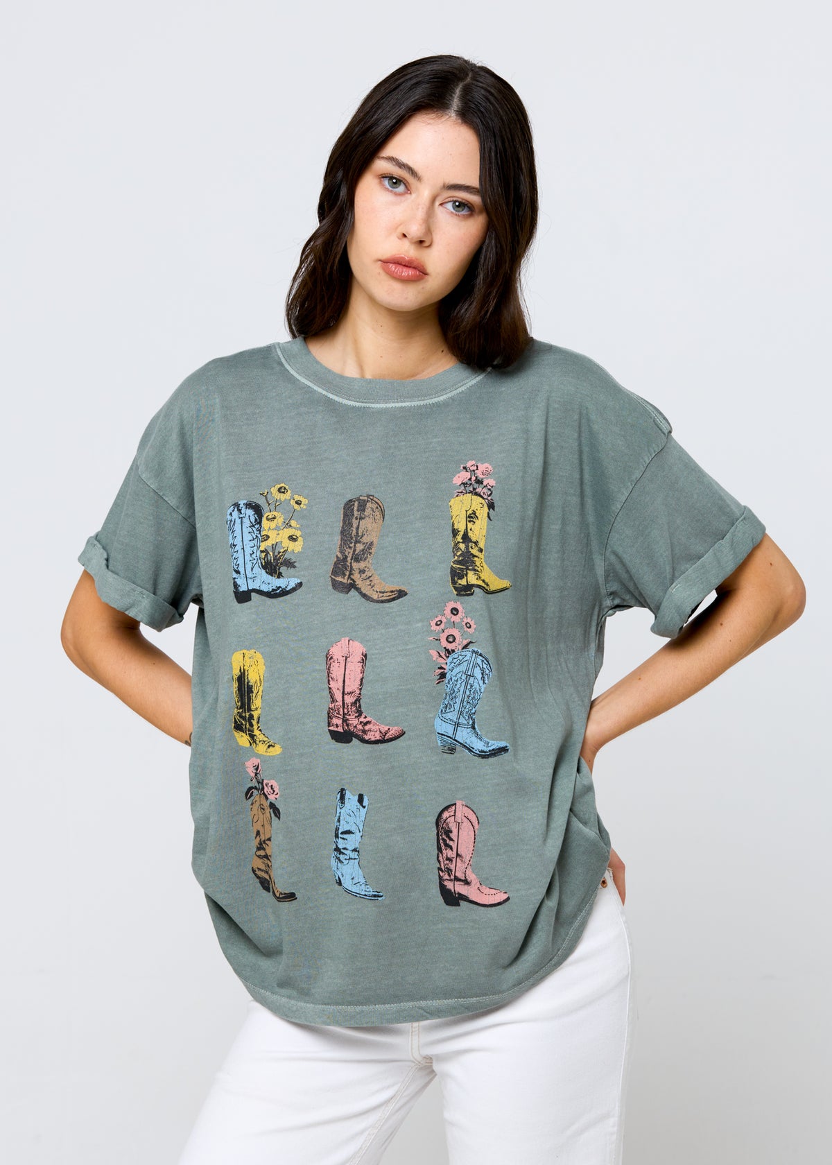 Cowboy Boots & Flowers Army Green Boyfriend Tee