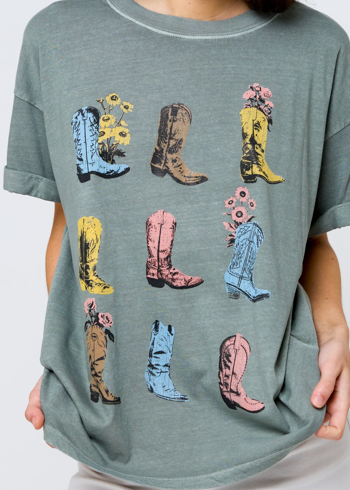 Cowboy Boots & Flowers Army Green Boyfriend Tee