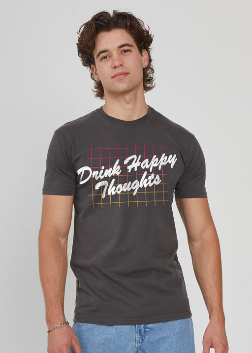 Drink Happy Thoughts Men's Faded Black T-Shirt