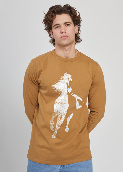 Horse Men's Camel Heavyweight Long Sleeve T-Shirt