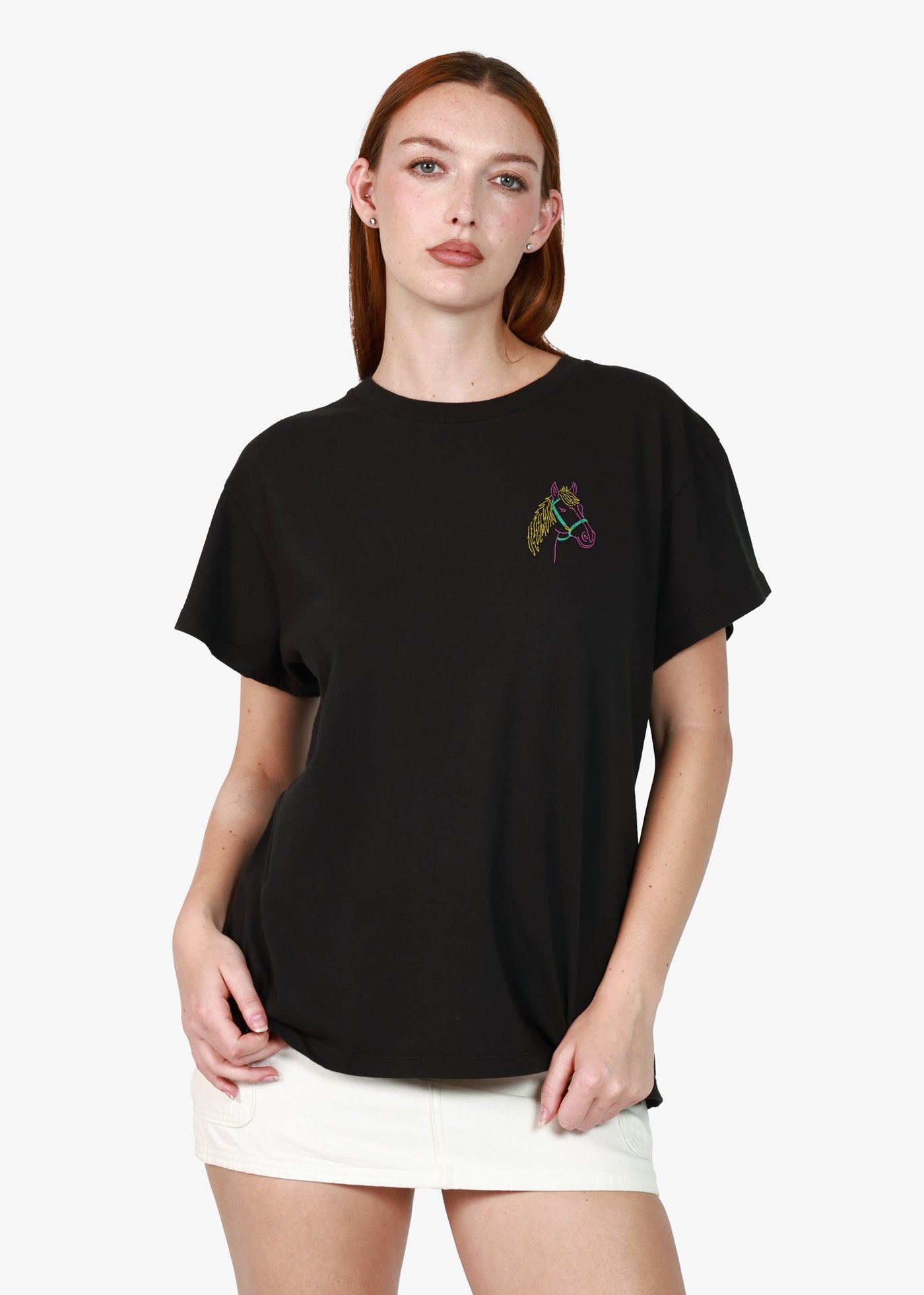 Horse Embroidery Faded Black Vintage Tee