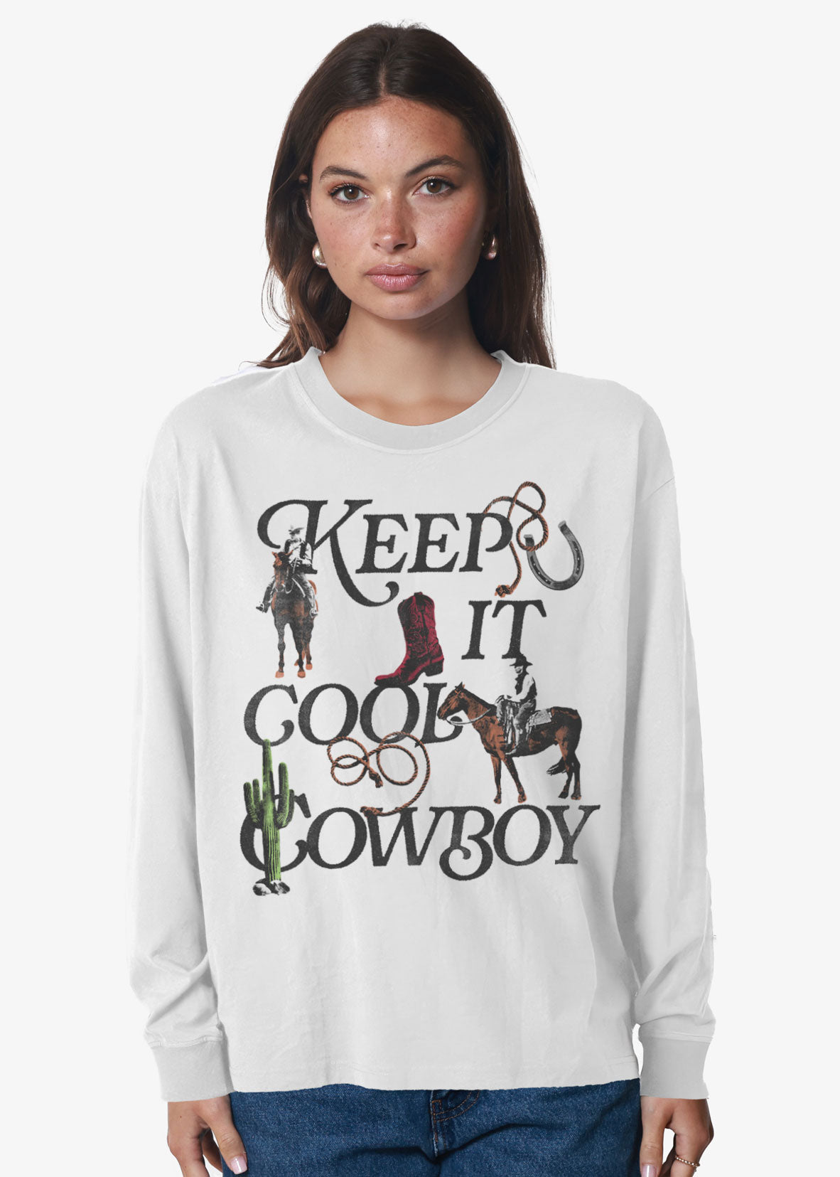 Keep It Cool Cowboy Off White Long Sleeve Crewneck Tee