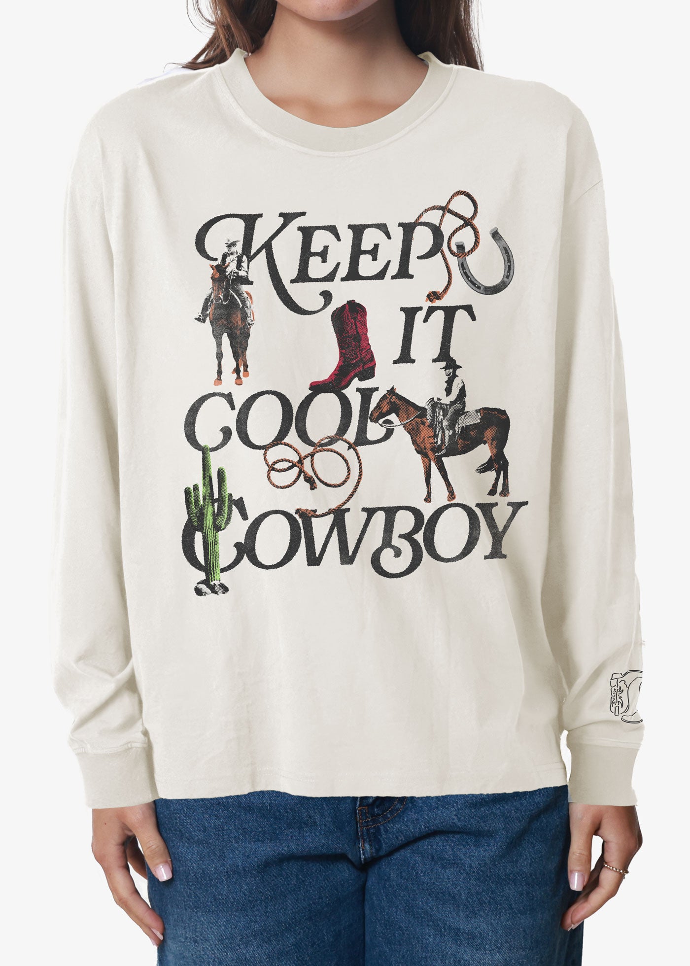 Keep It Cool Cowboy Off White Long Sleeve Crewneck Tee