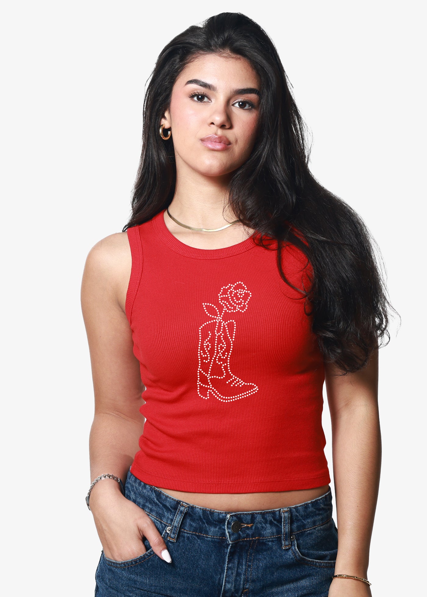 Boot and Rose Red Ribbed Crop Tank