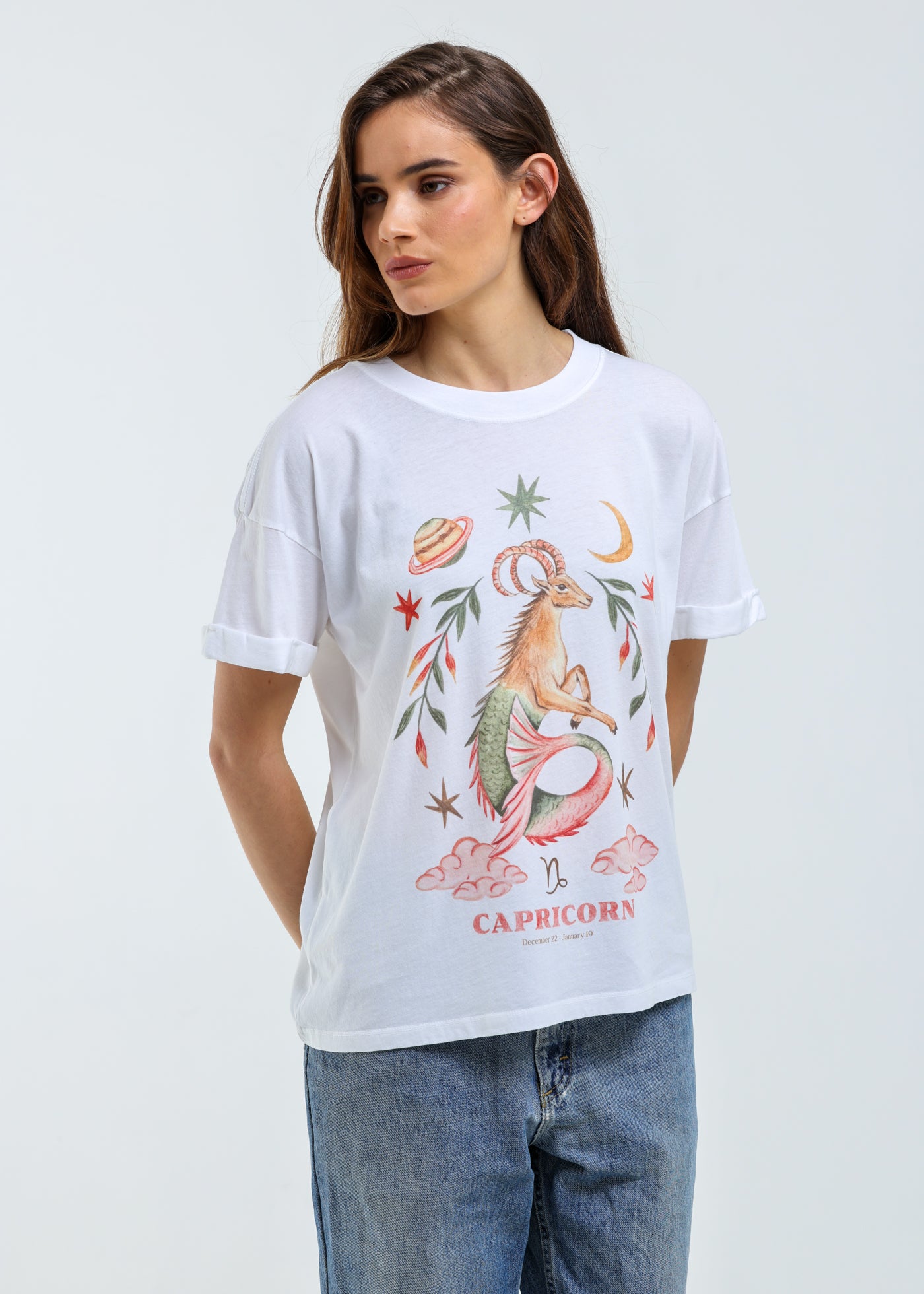 Capricorn Cosmic Zodiac Vintage White Boyfriend Tee