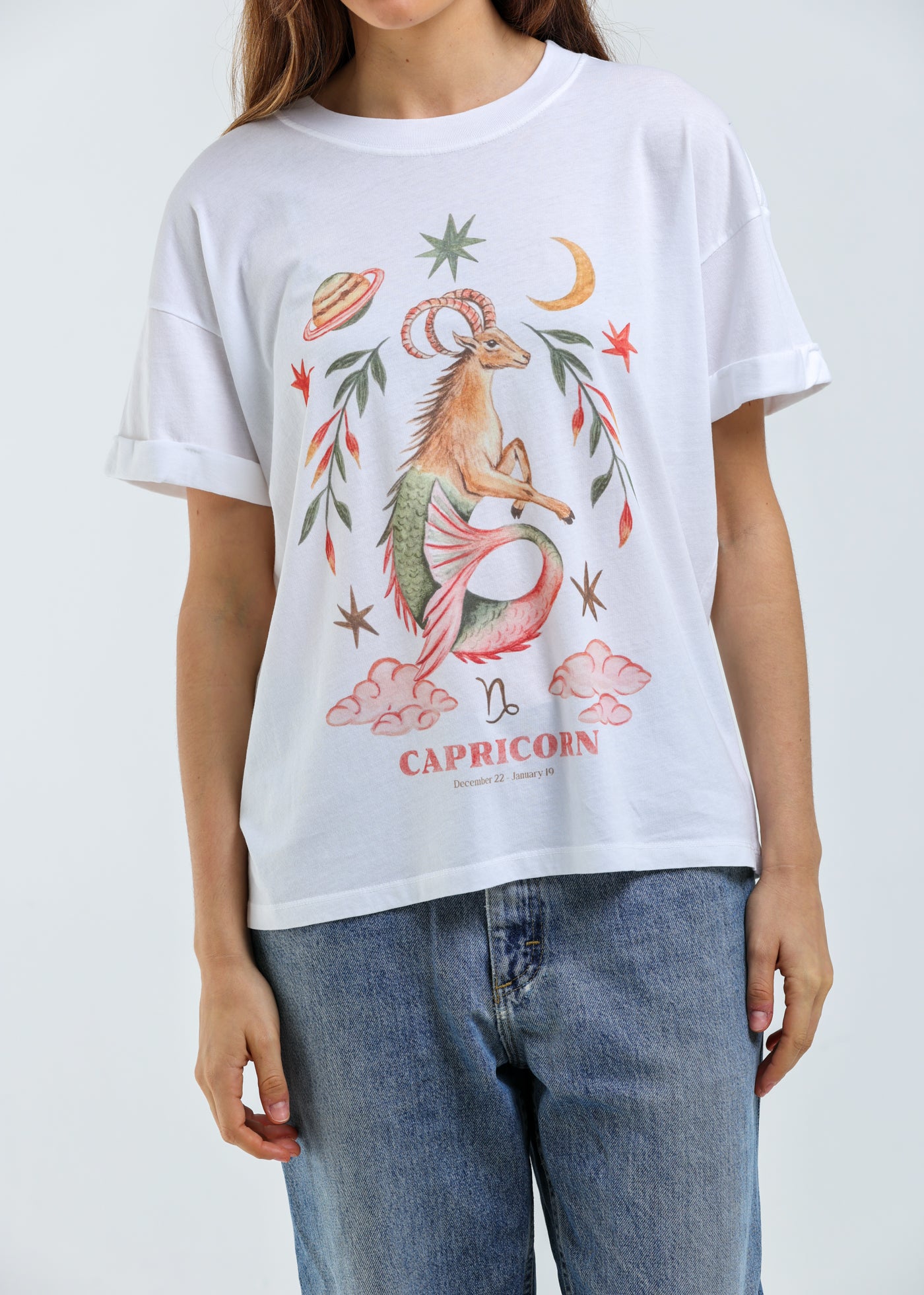 Capricorn Cosmic Zodiac Vintage White Boyfriend Tee