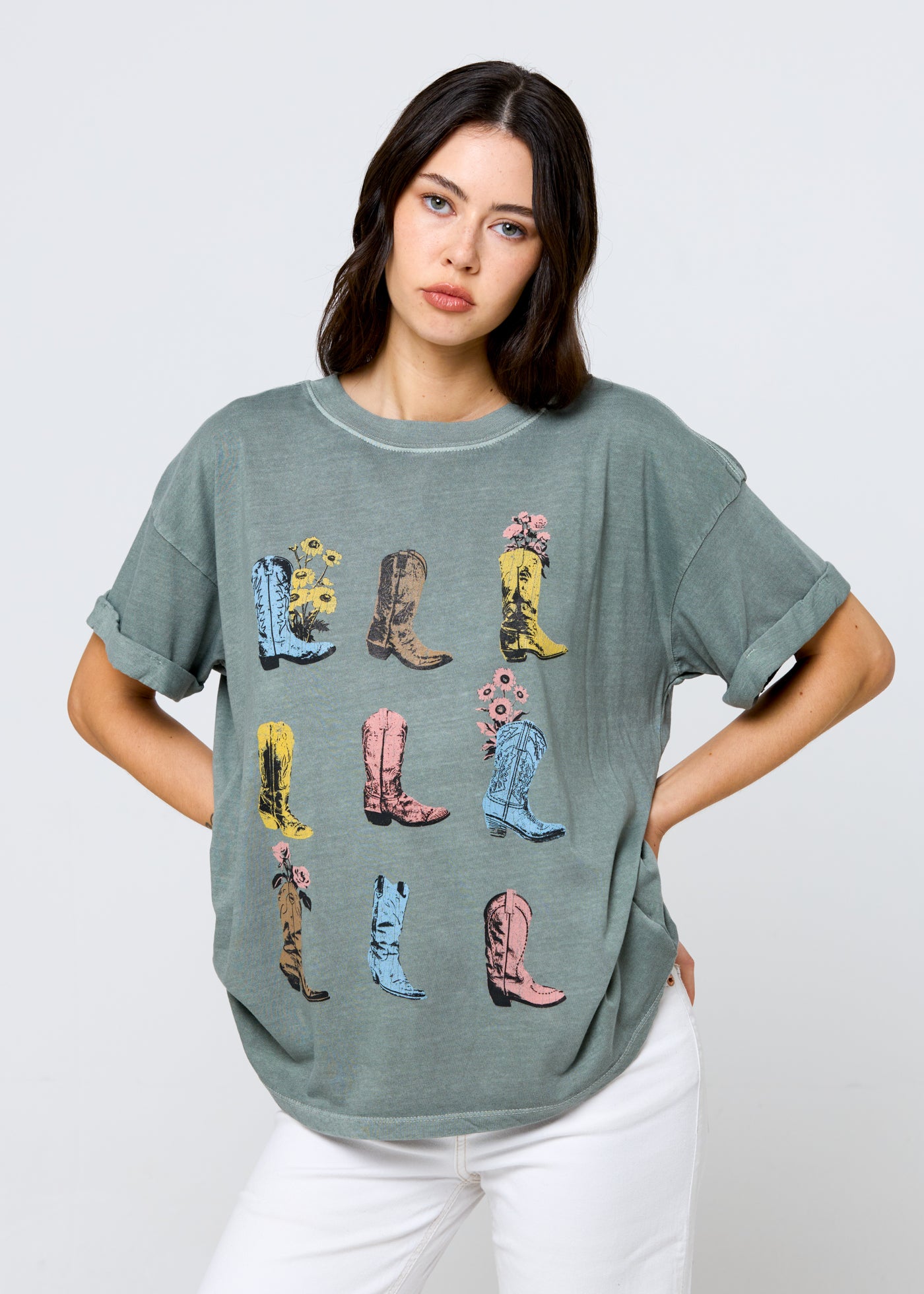 Cowboy Boots & Flowers Army Green Boyfriend Tee