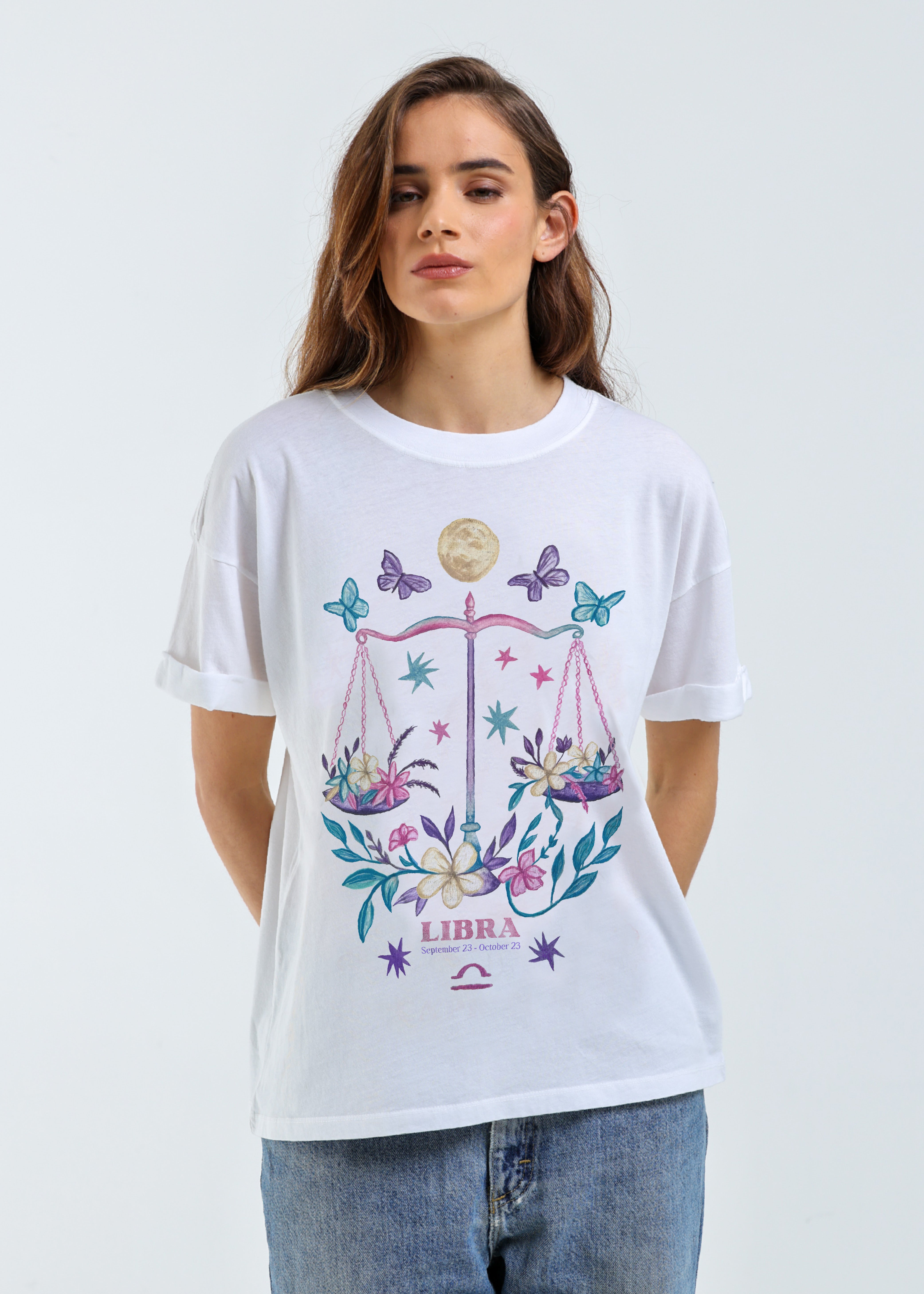 Libra Cosmic Zodiac Vintage White Boyfriend Tee