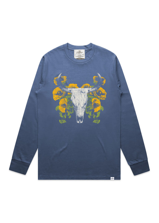 Floral Skull Men's Slate Blue Heavyweight Long Sleeve T-Shirt alternate view