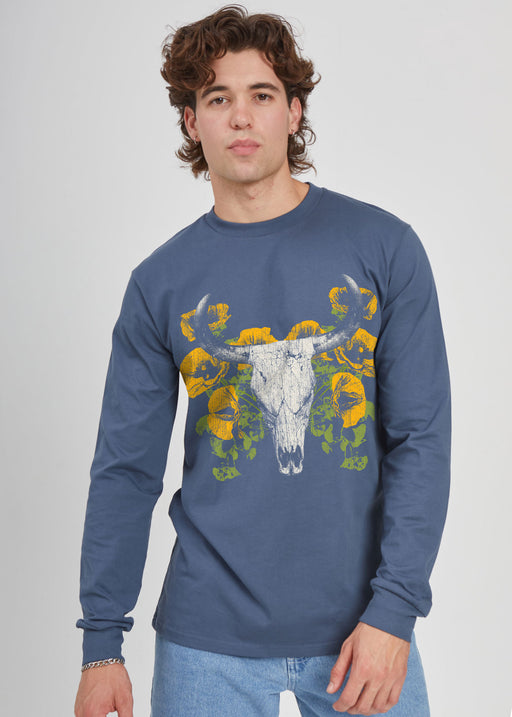 Floral Skull Men's Slate Blue Heavyweight Long Sleeve T-Shirt