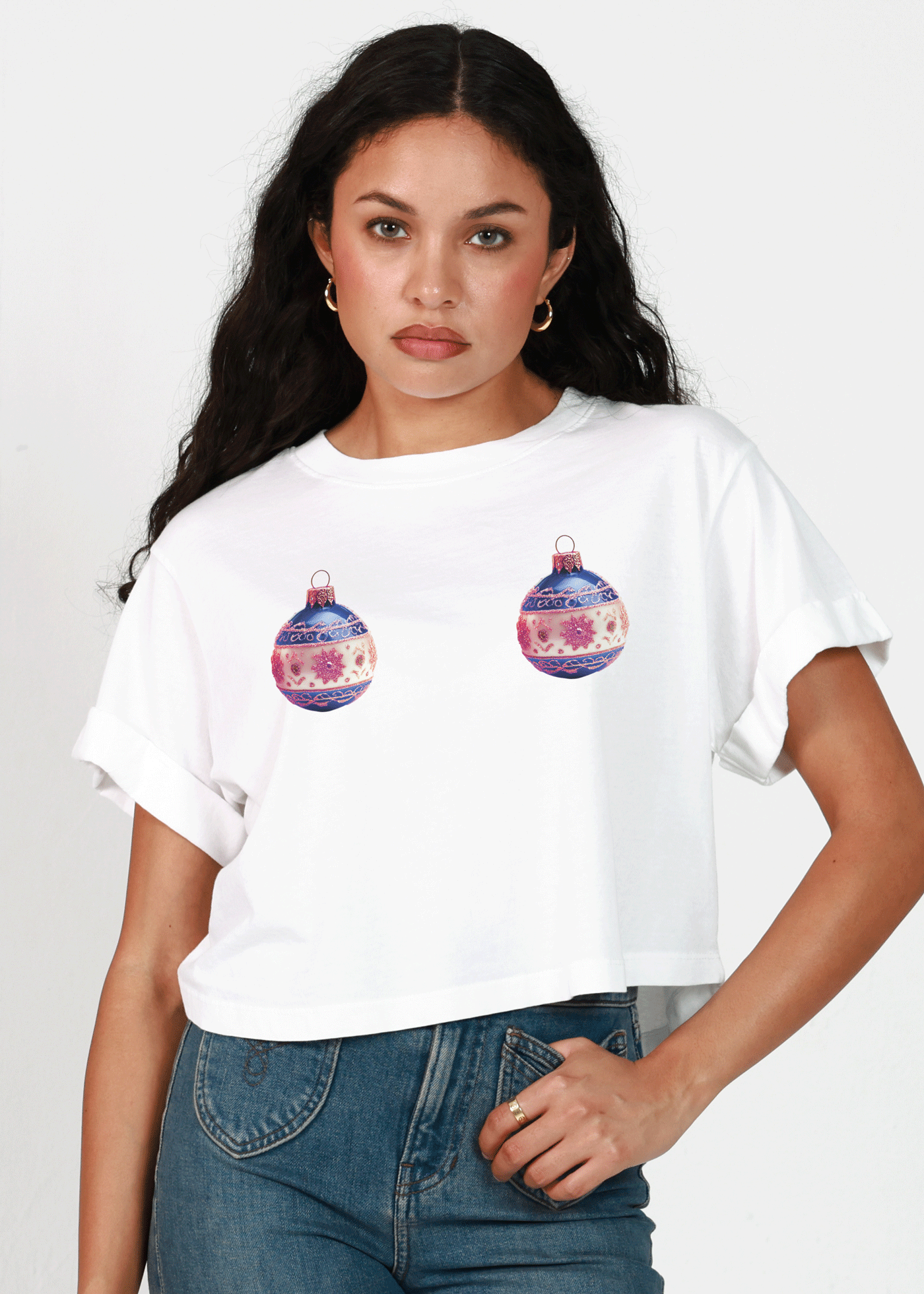 Holiday Ornaments Vintage White Cropped Boyfriend Tee