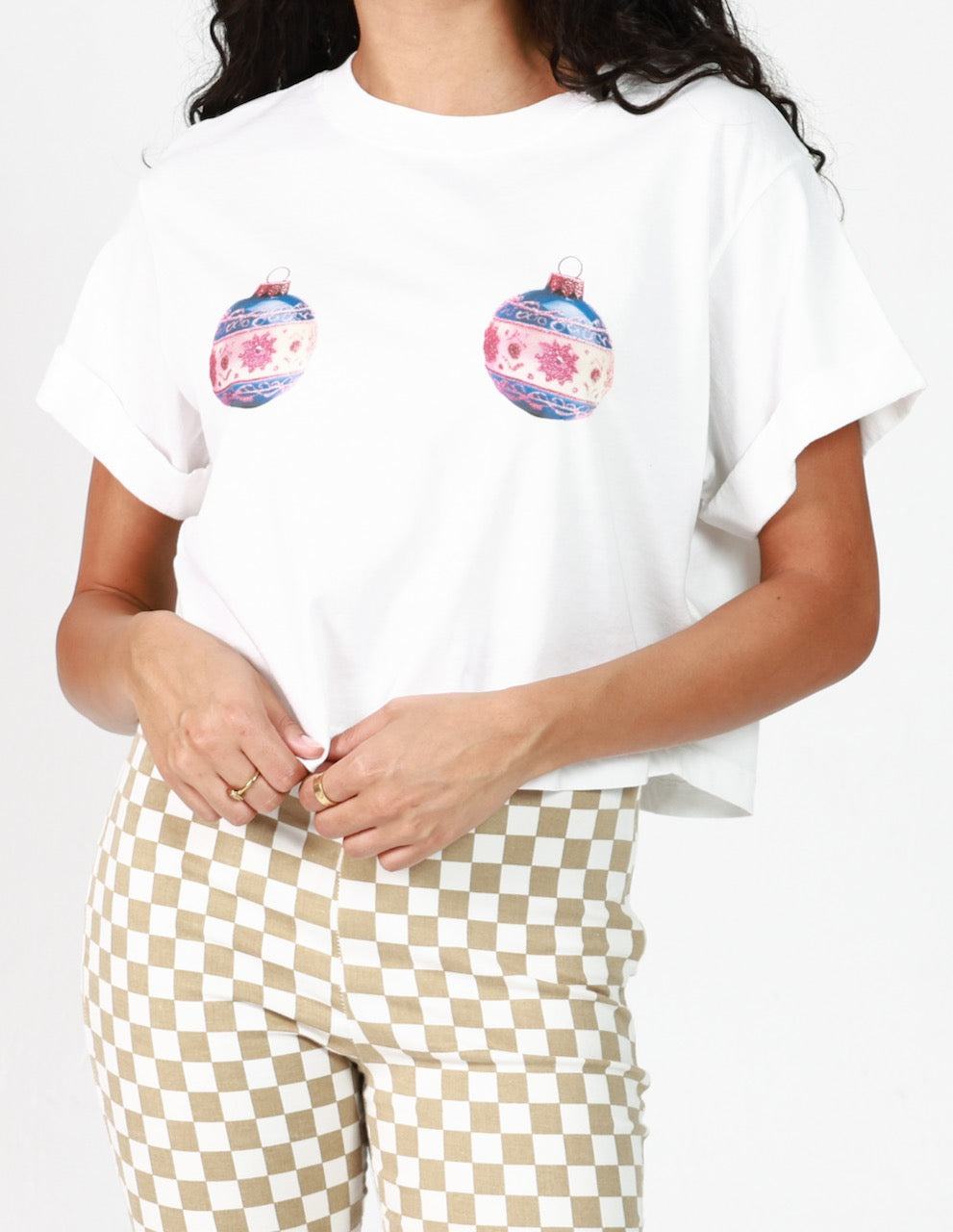 Holiday Ornaments Vintage White Cropped Boyfriend Tee