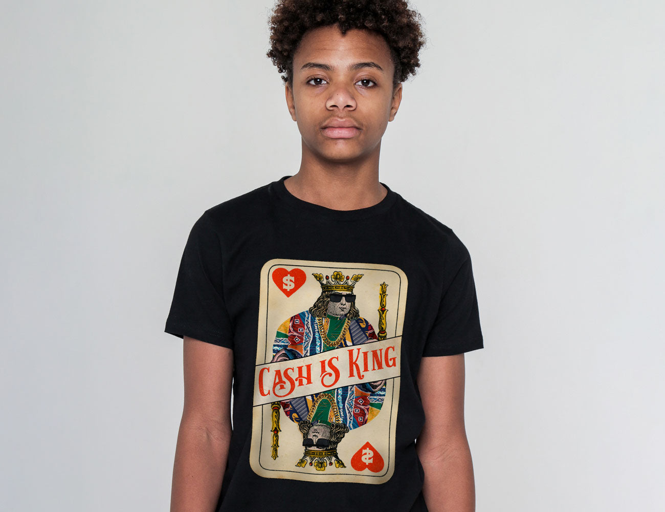 A kid in our black cash is king tee shirt link to kid's product page