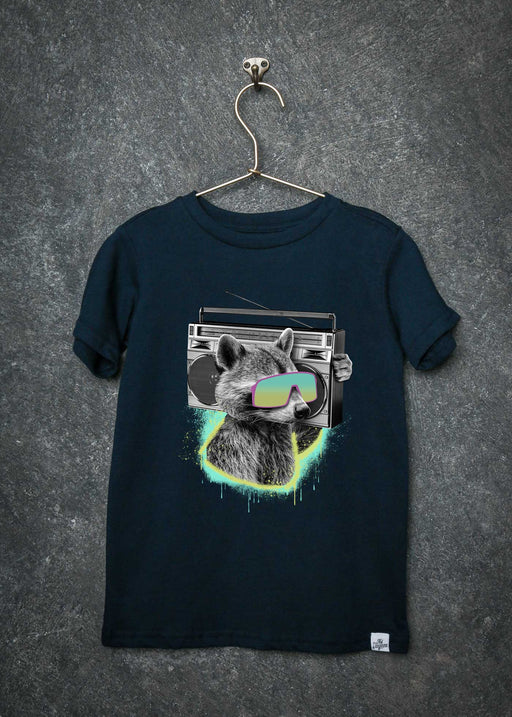 Raccoon Boombox Kid's Navy T-Shirt alternate view